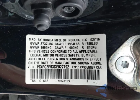 2016 Honda Civic Lx z USA, uszkodzony, nr VIN 19XFC2F53GE027792